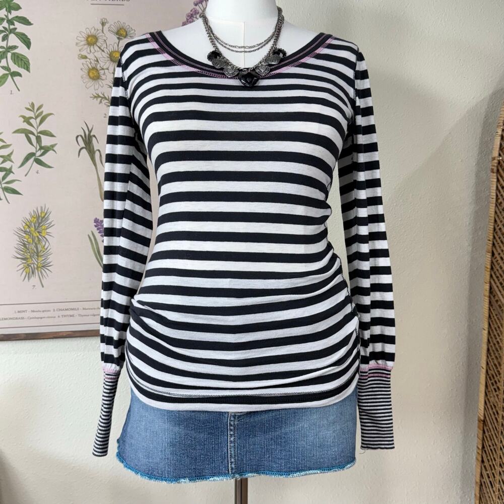 Y2k Black White Striped Pink Stitching Top Grunge Indie Sleaze Emo Punk 2010s M